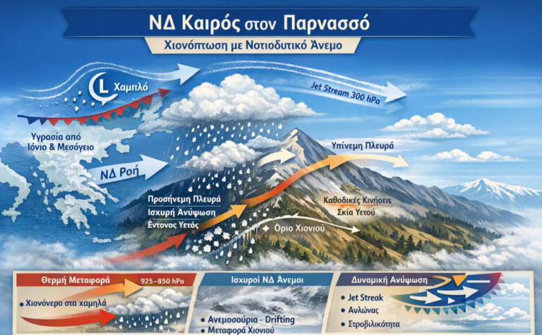 Παρνασσός: Χιονόπτωση σε συνθήκες ισχυρού ΝΔ ανέμου, σε όλες τις ατμοσφαιρικές στάθμες